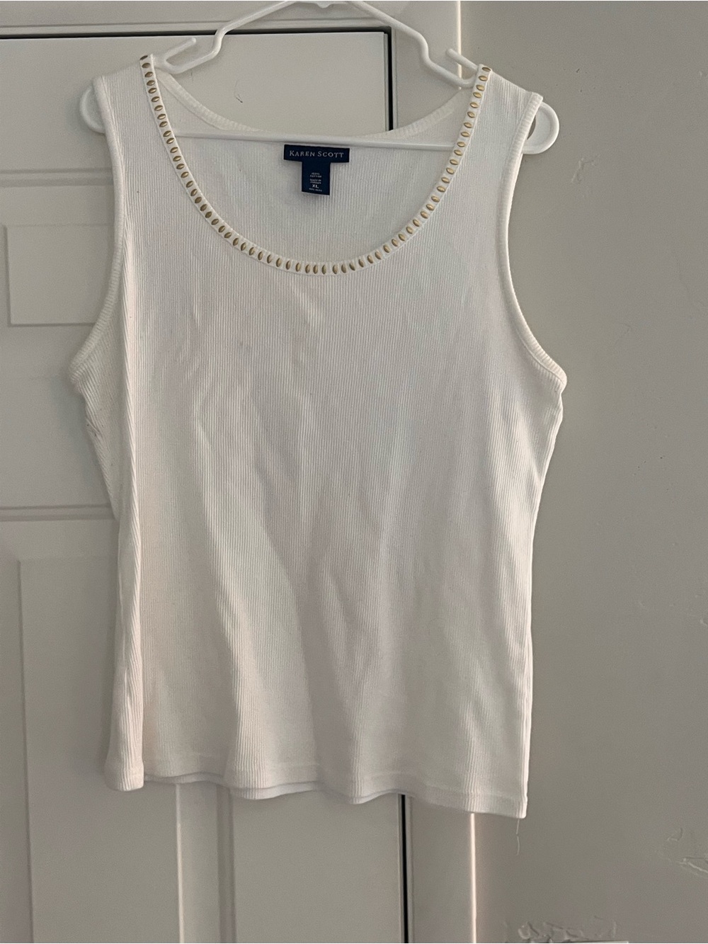 Karen Scott White Ribbed Tank with Gold Eyelet Trim